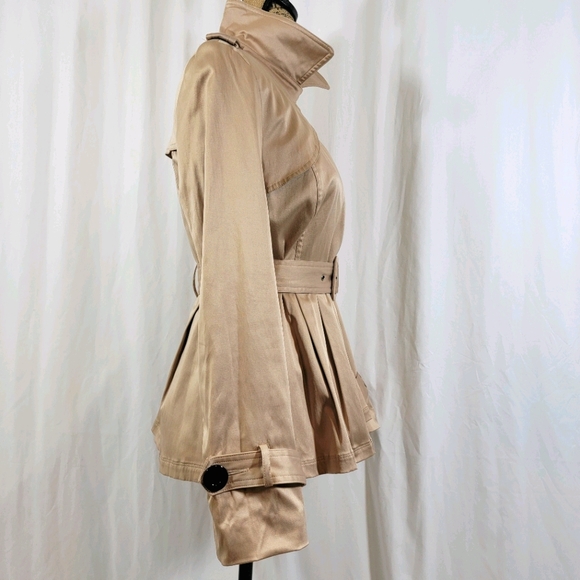 Twenty One Satin Khaki Short Peplum Trench Coat M - Picture 9 of 16